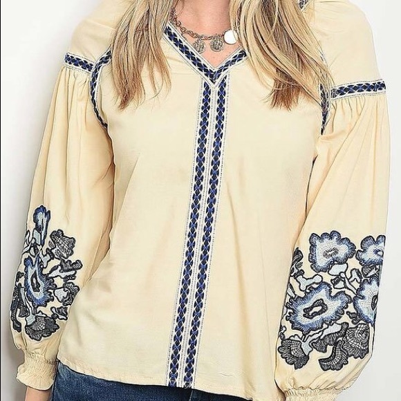 Tops - Floral Embroidered Sleeve V Neck Top